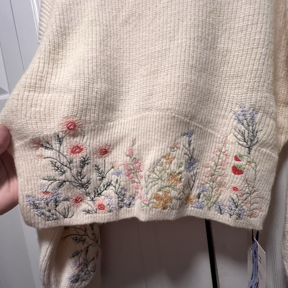 NWT Cider Womens Embroidered High Neck Sweater Cream Wide Sleeves Crop Sz XXL - Picture 2 of 13